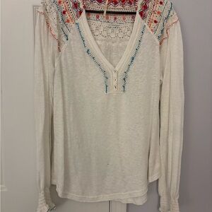 Free People Cream Long Sleeve V-Neck Top with Multicolor Embroidery
